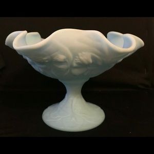 Fenton Water Lilly Blue Satin Glass Ruffled Dish